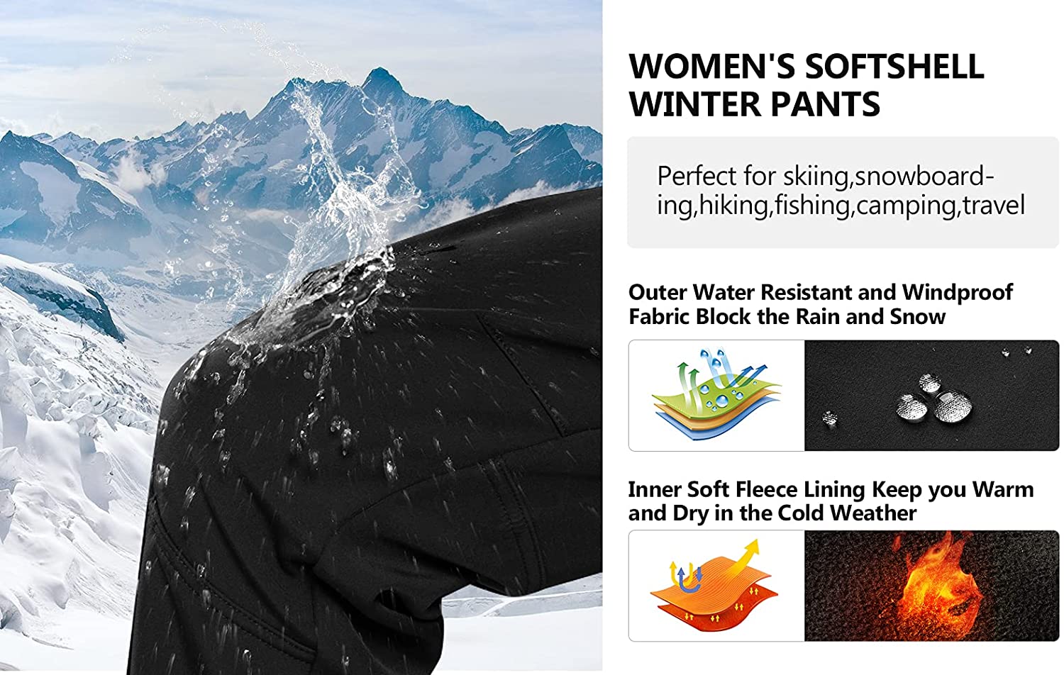 Women's Outdoor Fleece Lined Waterproof Windproof Ski Snow Hiking Pants